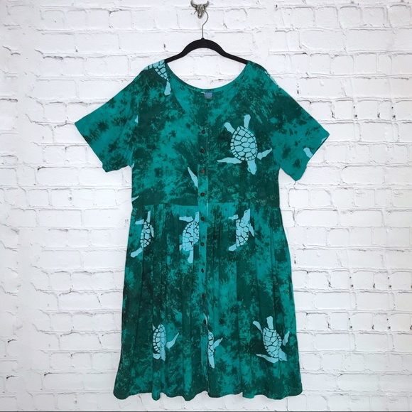 Vintage Dresses & Skirts - Vintage Green Midi Dress Sea Turtle Batik Island X